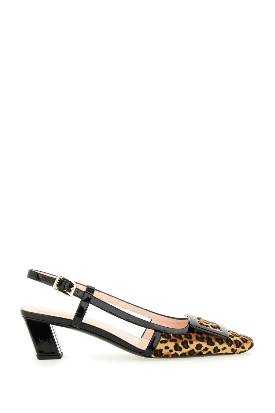 Roger Vivier women’s Belle Vivier slingback pumps in black and leopard print with glossy patent leather heel and strap accents