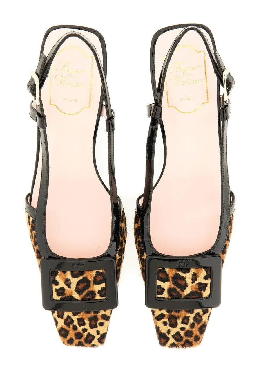 Roger Vivier women’s Belle Vivier slingback pumps in black and tan leopard print with glossy patent leather and square buckle detail