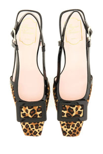 Roger Vivier women’s Belle Vivier slingback pumps in black and tan leopard print with glossy patent leather and square buckle detail