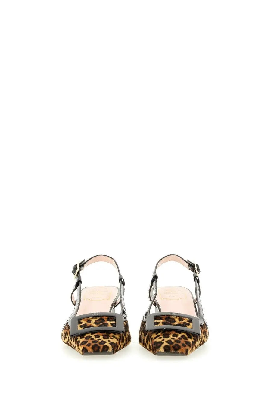 Roger Vivier women’s Belle Vivier leopard print suede slingback flats with black rectangular buckle front view