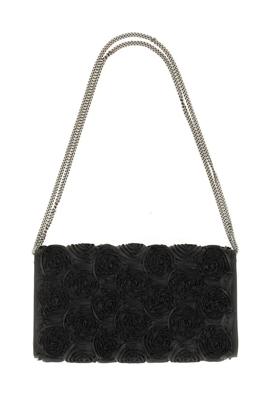 Roger vivier women’s efflorescence black clutch bag with raised rose appliqués and silver chain strap