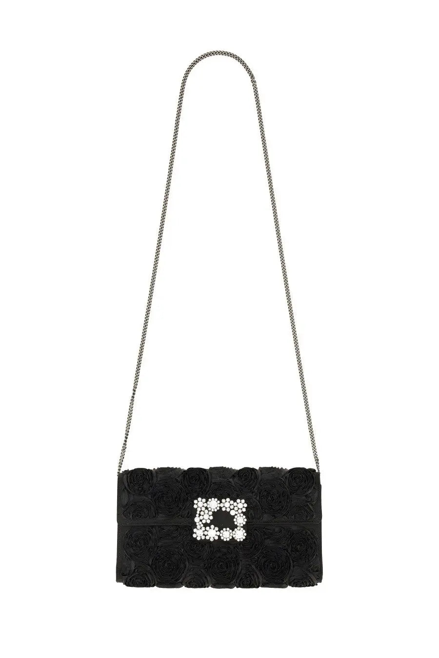 Roger Vivier women’s efflorescence black clutch bag with textured rose appliqués and diamond-encrusted clasp