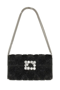 Roger Vivier women’s black clutch bag with three-dimensional rose texture and diamond-encrusted rectangular clasp