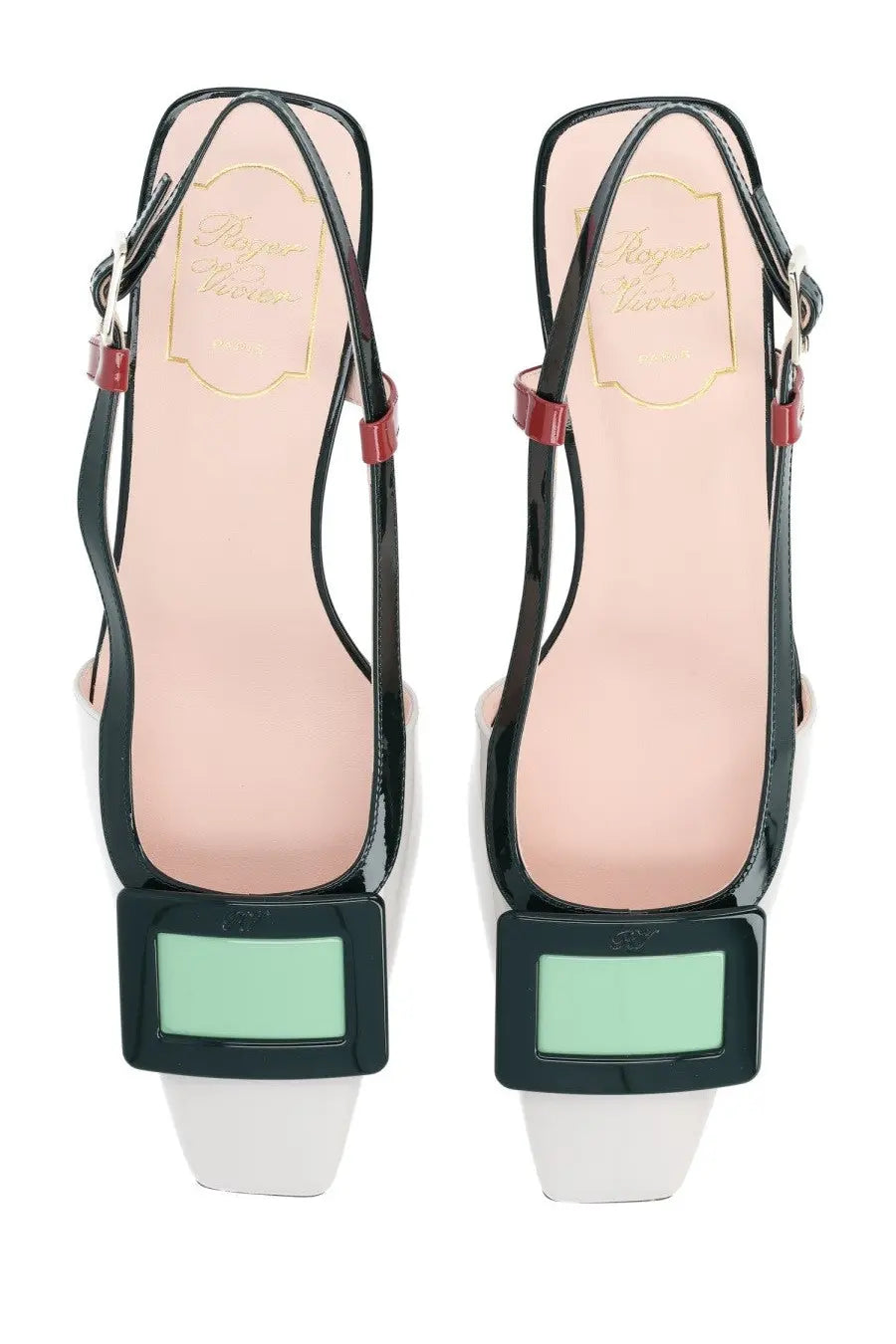 Roger vivier women’s lacquered slingback pumps in black patent leather with mint green block heel and red accents