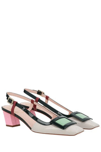 Roger vivier women’s lacquered slingback pumps multicolor with pink block heel and black patent leather straps