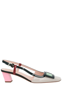 Roger Vivier women’s multicolor lacquered slingback pumps with pink block heel and green square buckle
