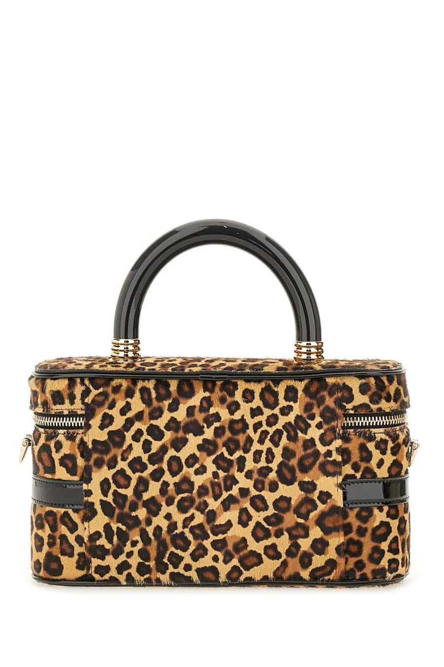 Roger vivier women’s mini vanity belle vivier bag in leopard print with glossy black handle and gold tone hardware