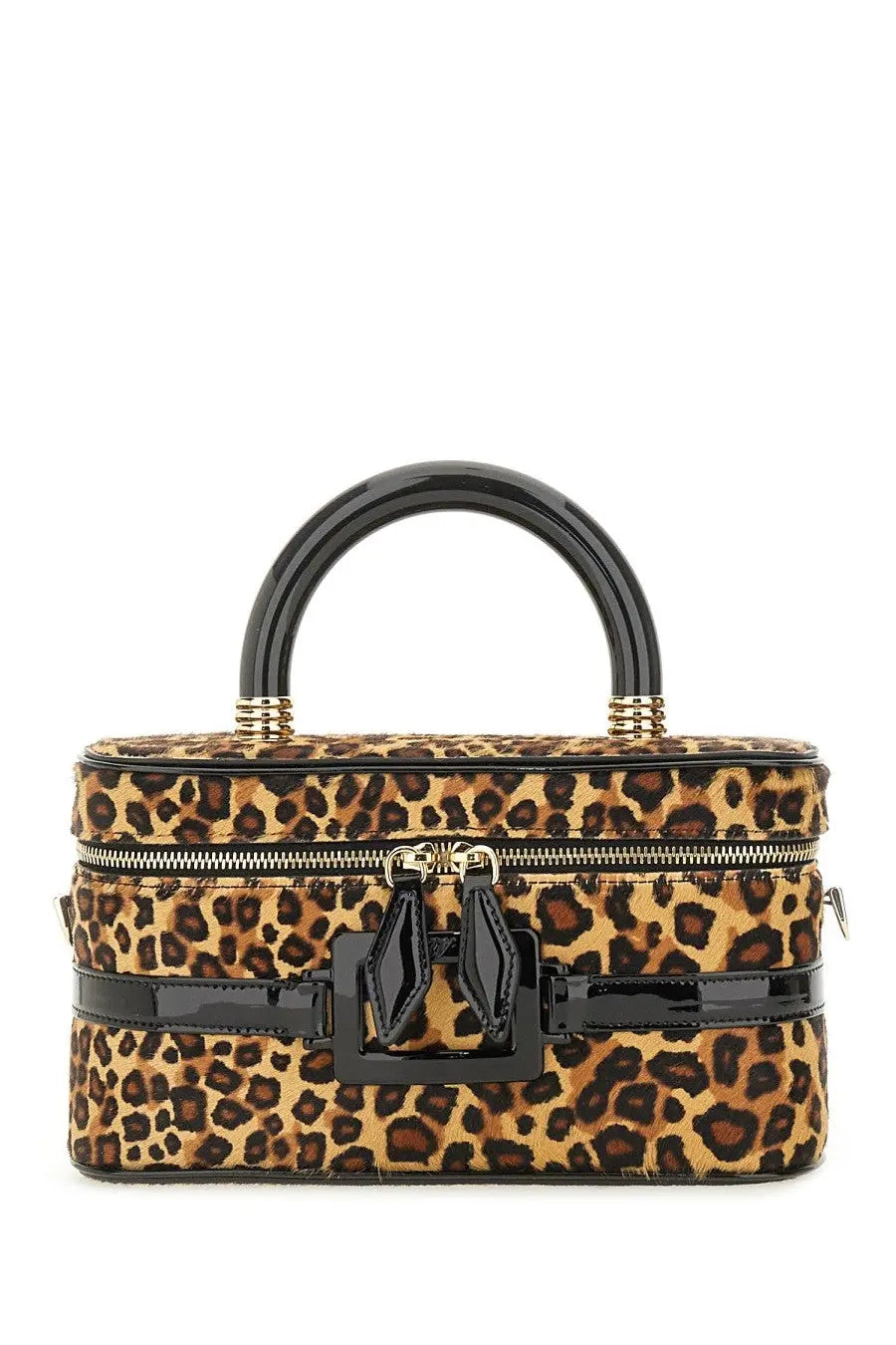 Roger vivier women’s mini vanity belle vivier leopard print handbag with glossy black handle trim and gold-tone hardware