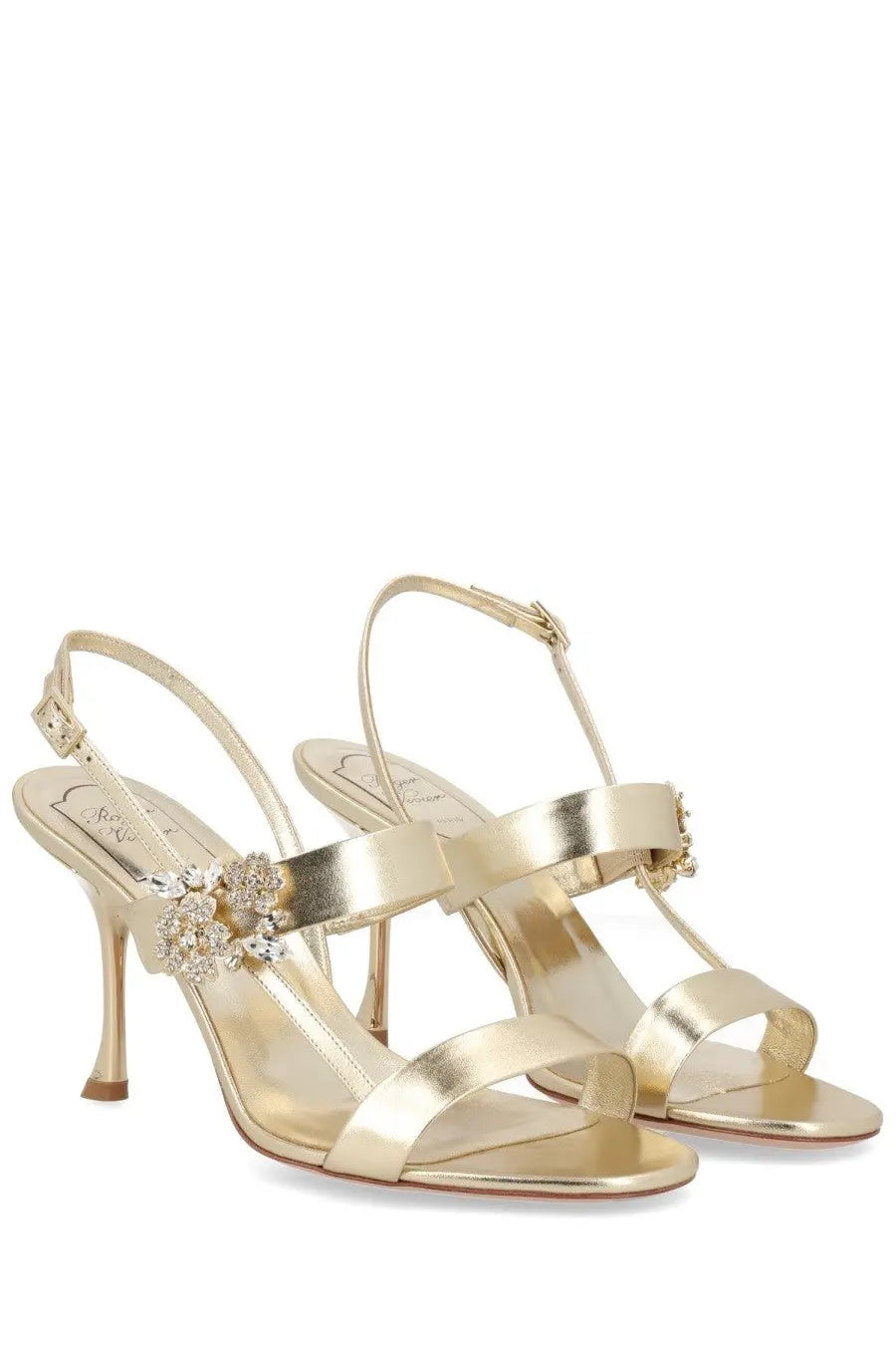 Roger vivier women’s sandalo efflorescence gold metallic sandals with crystal embellishments and slender heel