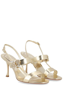 Roger vivier women’s sandalo efflorescence gold metallic sandals with crystal embellishments and slender heel