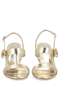 Roger Vivier women’s gold metallic sandals with crystal embellishments and sleek minimalist design