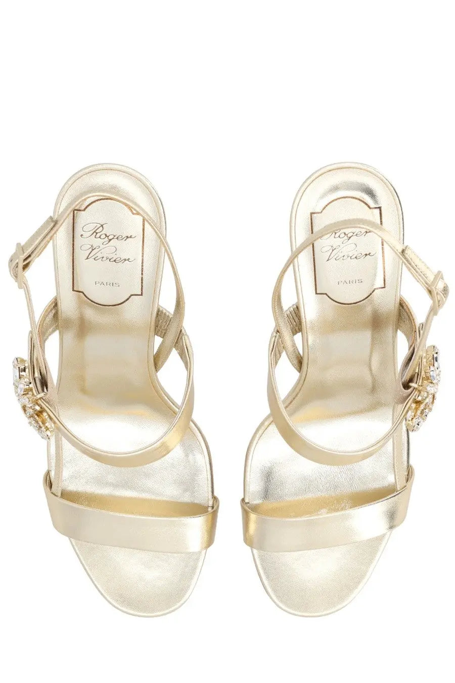 Roger Vivier women’s Sandalo Efflorescence gold metallic strappy heels with crystal embellishments and Paris label
