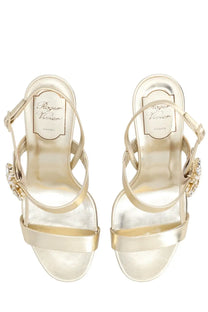 Roger Vivier women’s Sandalo Efflorescence gold metallic strappy heels with crystal embellishments and Paris label