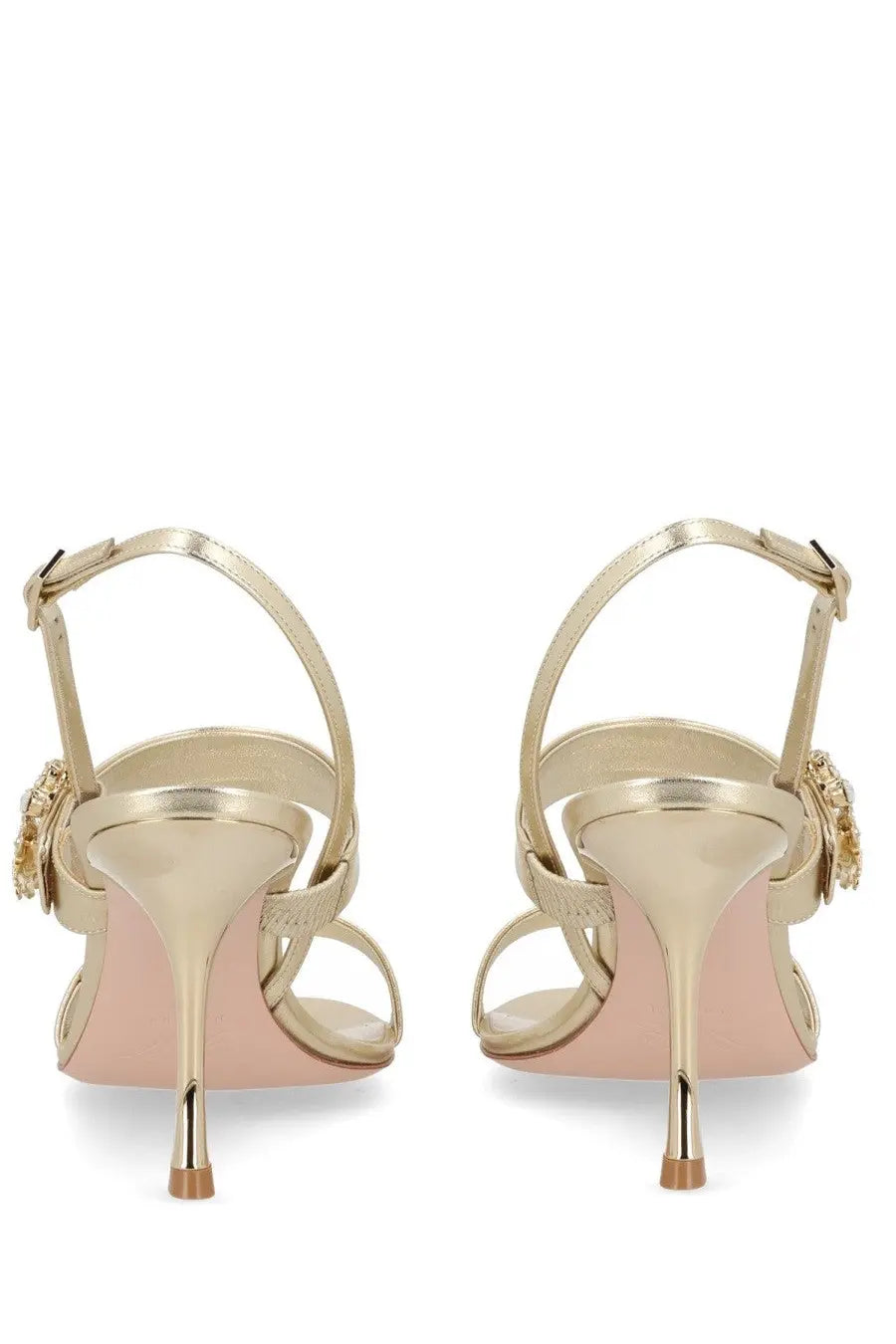Roger vivier women’s gold metallic strappy high heel sandals with floral embellishments on the side