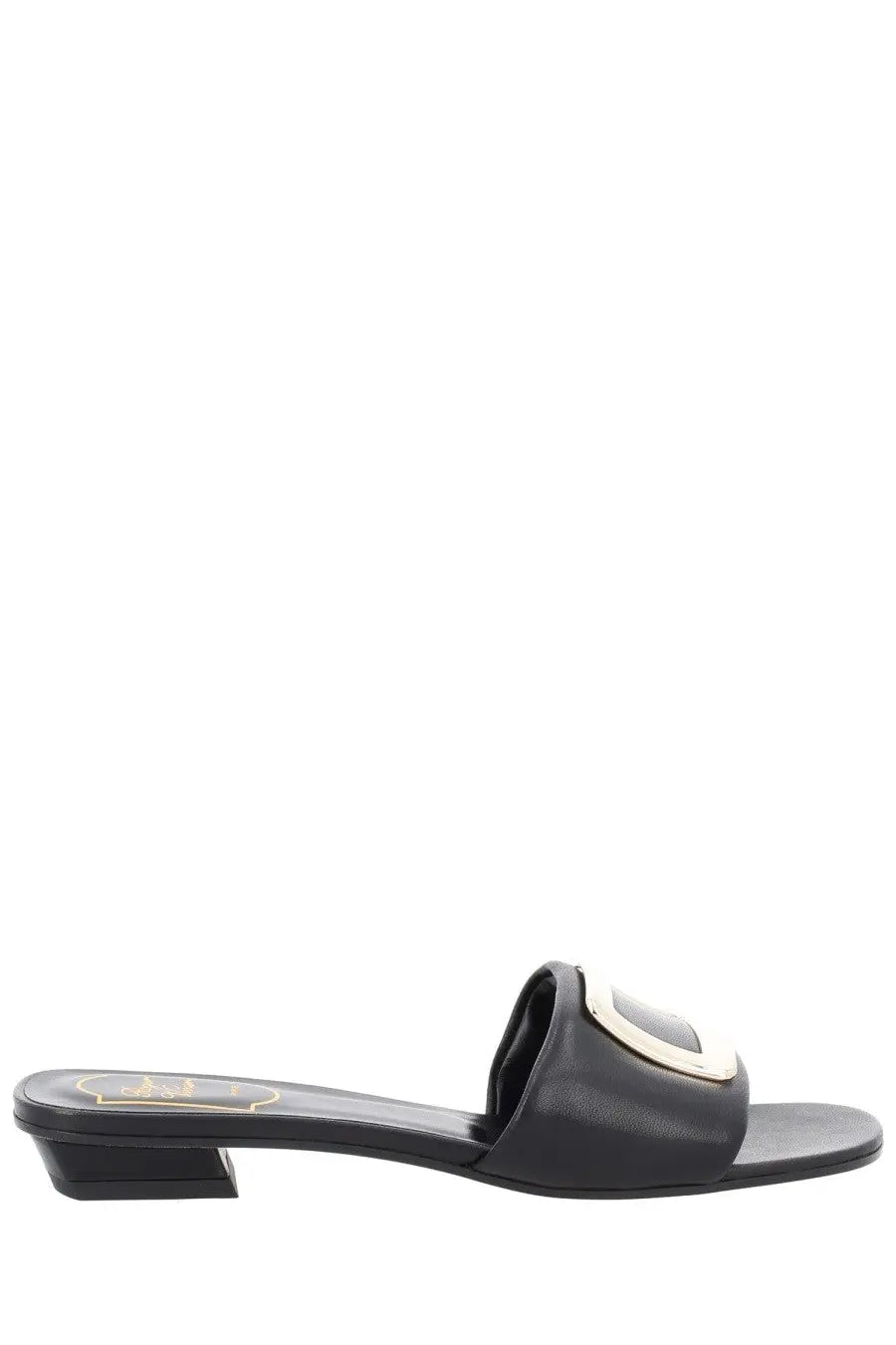 Roger vivier women’s sandalo mule belle black leather slide sandal with a prominent silver-toned rectangular buckle