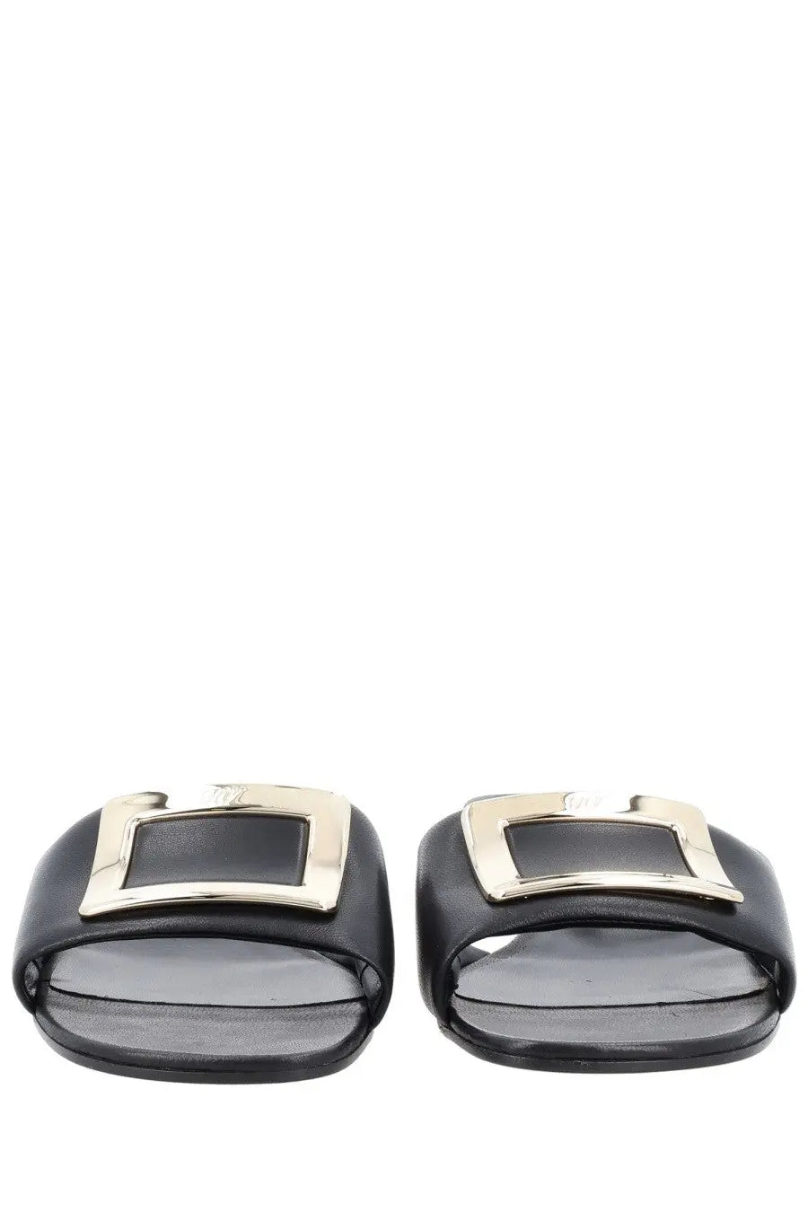 Roger Vivier women’s black leather slide sandals with a gold-tone rectangular buckle front detail