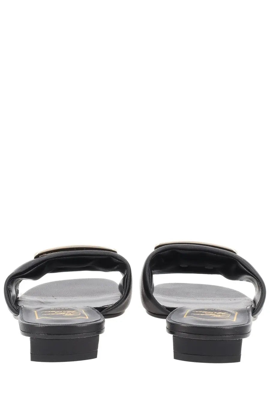 Roger vivier women’s black leather slide sandals with gold-tone rectangular buckle and low block heel