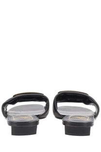 Roger vivier women’s black leather slide sandals with gold-tone rectangular buckle and low block heel