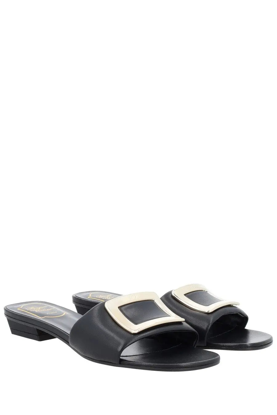 Roger Vivier women’s sandalo mule belle black leather slide sandals with a cream rectangular buckle detail