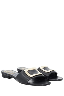 Roger Vivier women’s sandalo mule belle black leather slide sandals with a cream rectangular buckle detail