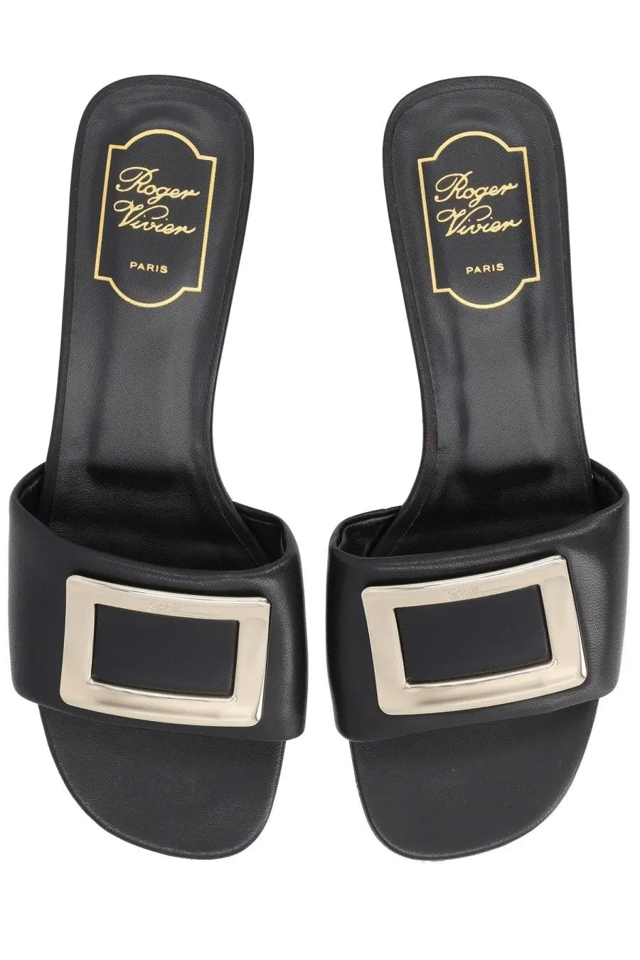 Roger Vivier women’s black leather slide sandals with a silver-toned rectangular buckle front detail
