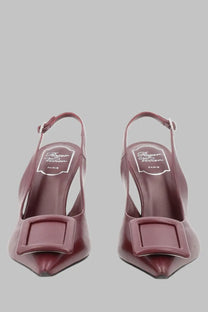 Roger vivier women’s slingback punta red pumps in burgundy leather with square buckle and pointed toe detail