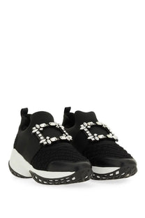 Roger vivier women’s sneaker viv run black mesh with white rubber sole and silver crystal-embellished buckle straps