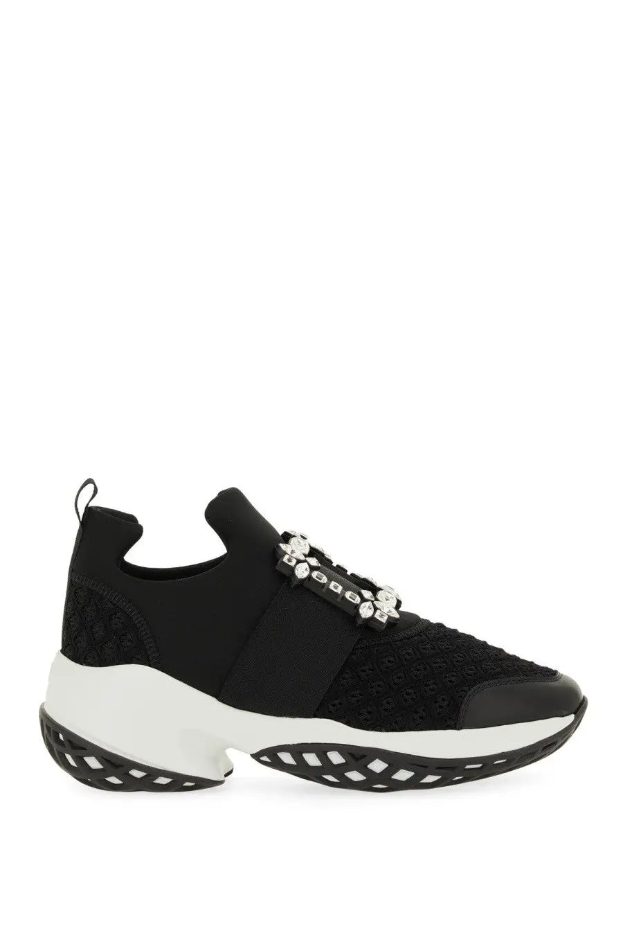 Roger Vivier women’s sneaker viv run black with black mesh upper white rubber sole and crystal-embellished strap