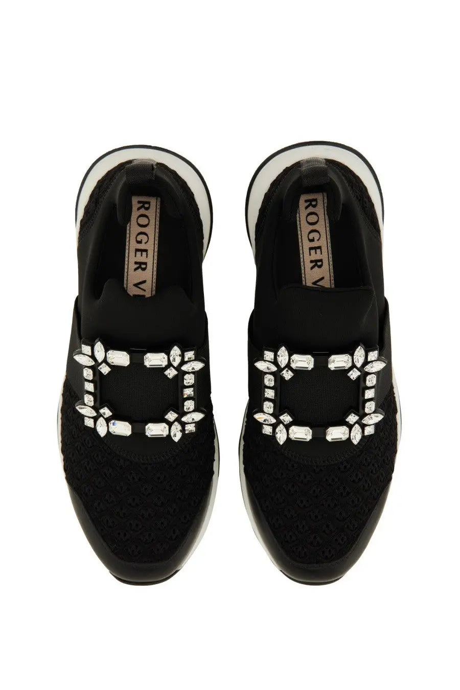 Roger vivier women’s sneaker viv run black with mesh upper and rectangular buckle adorned with clear crystals