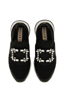 Roger vivier women’s sneaker viv run black with mesh upper and rectangular buckle adorned with clear crystals