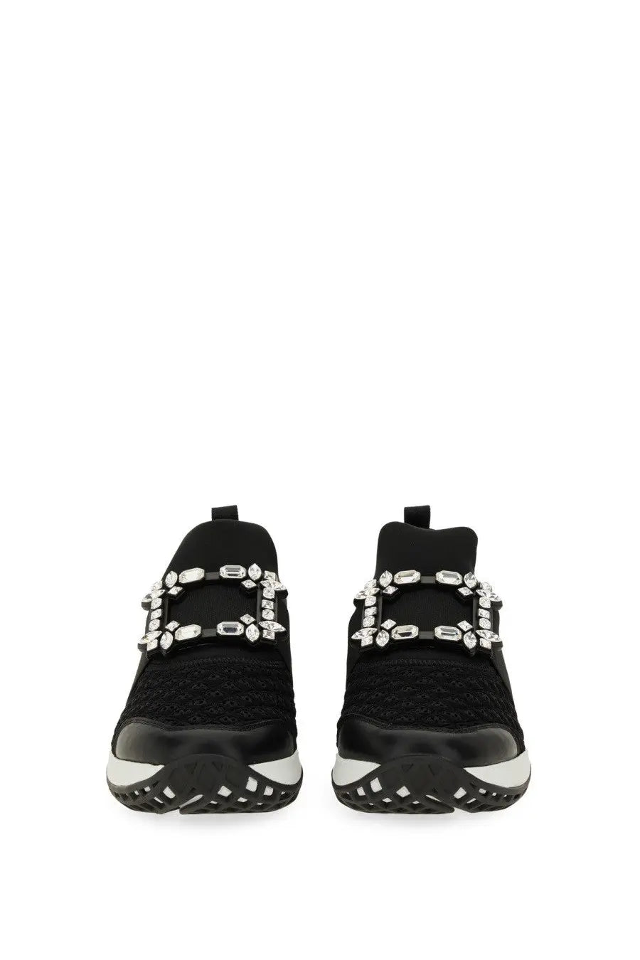 Roger vivier women’s sneaker viv run black with sleek knitted upper and silver crystal embellished buckle straps