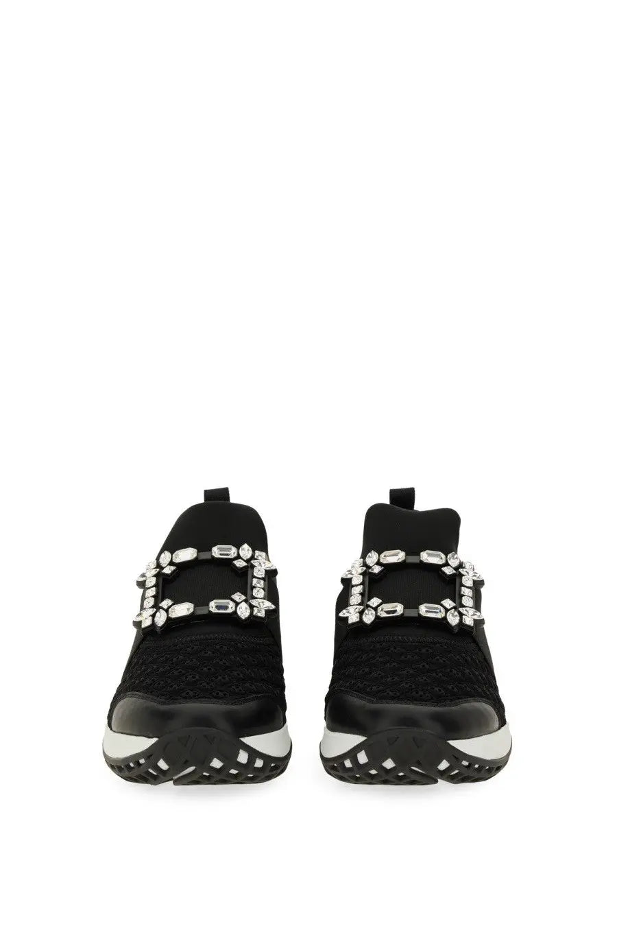 Roger vivier women’s viv run fabric sneaker black knit with silver crystal buckle across the toe