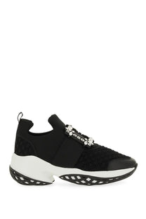 Roger Vivier women’s viv run black mesh sneaker with white rubber sole and crystal-adorned silver buckle