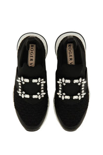 Roger vivier women’s viv run fabric sneaker black with mesh upper and rectangular buckle adorned with clear crystals