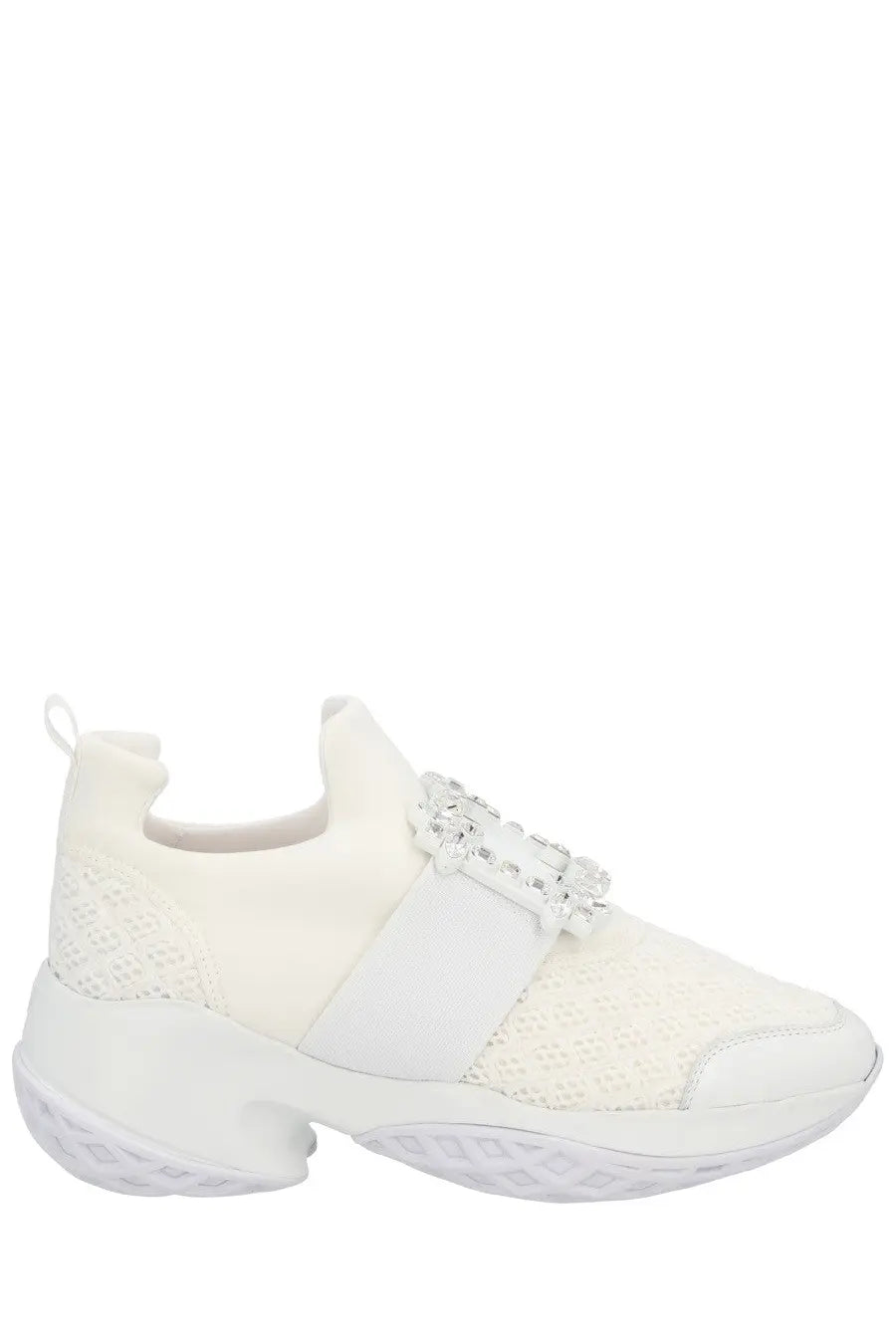 Roger Vivier women’s vivrun white mesh sneaker with wide crystal strap and chunky textured sole front view