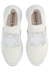 Roger Vivier women’s Vivrun white slip-on sneakers with mesh upper and crystal-adorned front strap