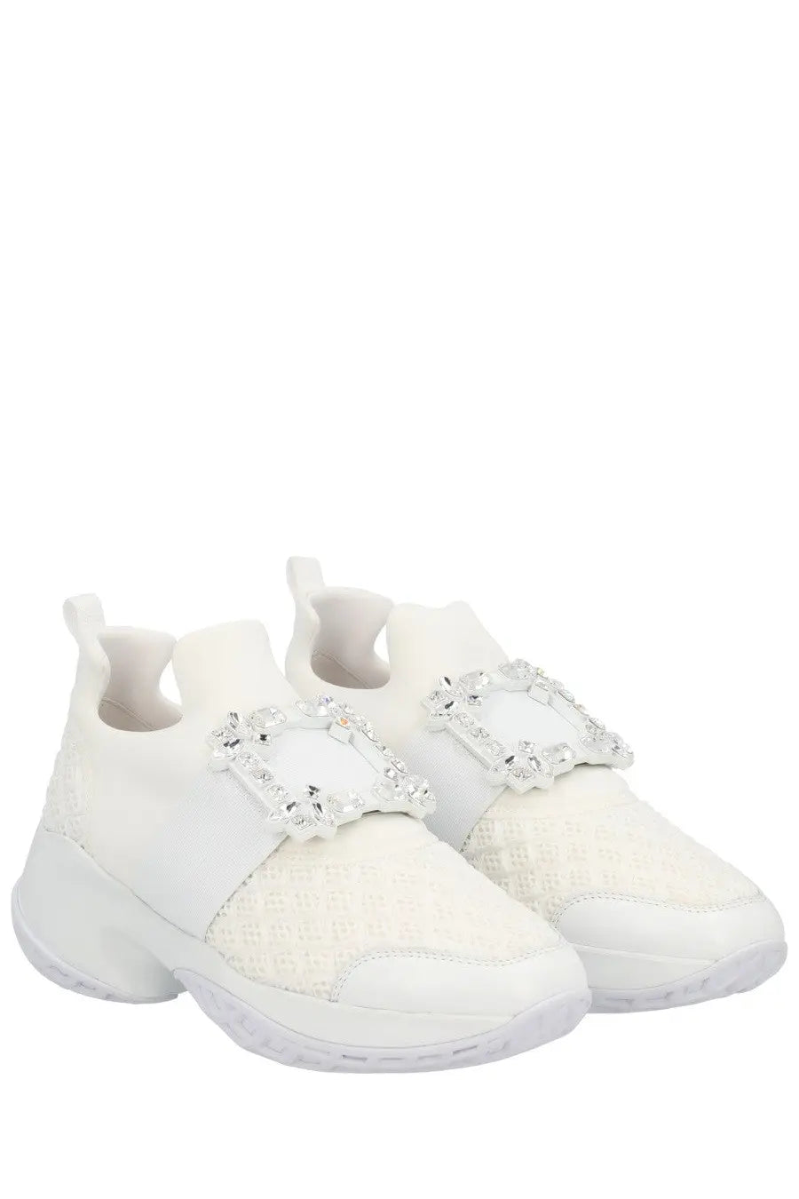 Roger Vivier women’s vivrun sneaker white with mesh upper and crystal-encrusted rectangular buckles across vamp