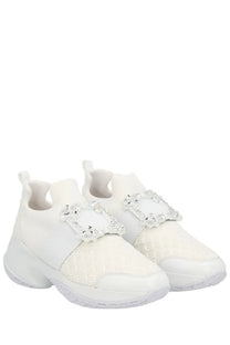 Roger Vivier women’s vivrun sneaker white with mesh upper and crystal-encrusted rectangular buckles across vamp