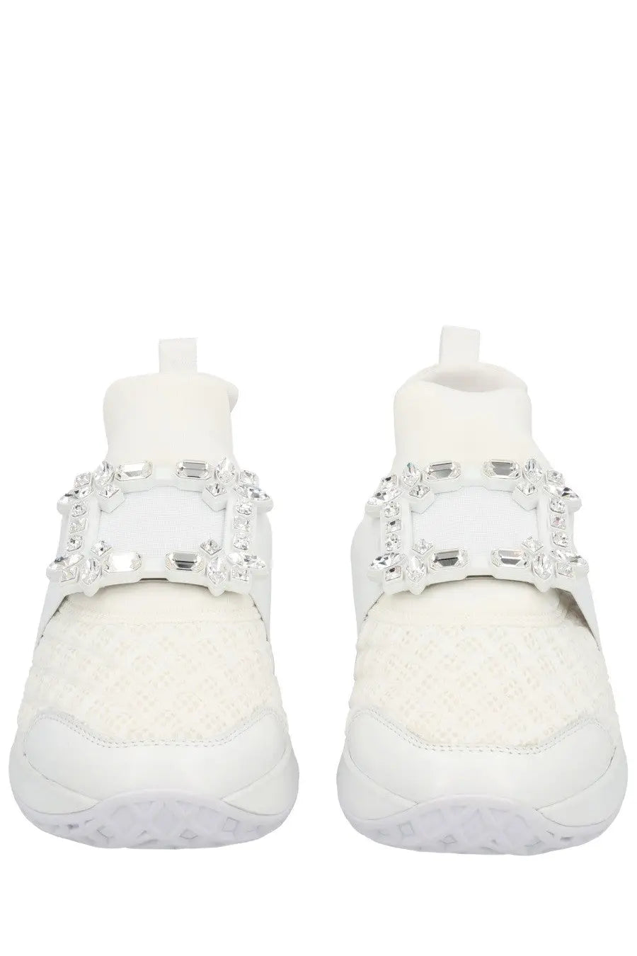 Roger Vivier women’s Vivrun white sneakers with textured upper and sparkling crystal embellishments on strap