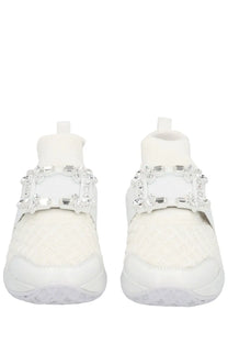 Roger Vivier women’s Vivrun white sneakers with textured upper and sparkling crystal embellishments on strap