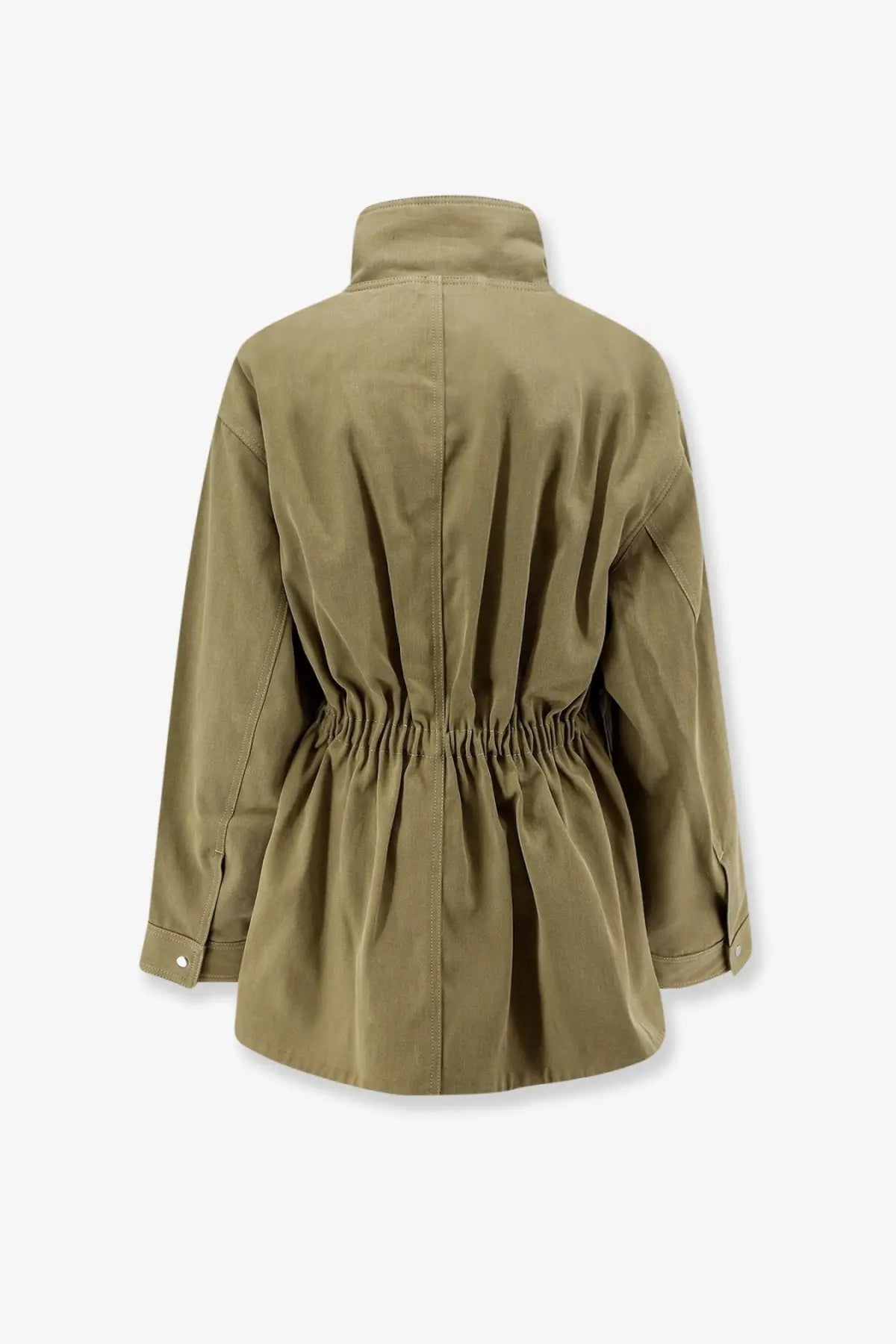 Rohe women’s olive green cotton utility jacket with high collar and elasticated waistband front view