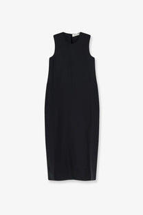 Rohe women’s hourglass black sleeveless midi dress in linen and silk blend with minimalist design and subtle side slits
