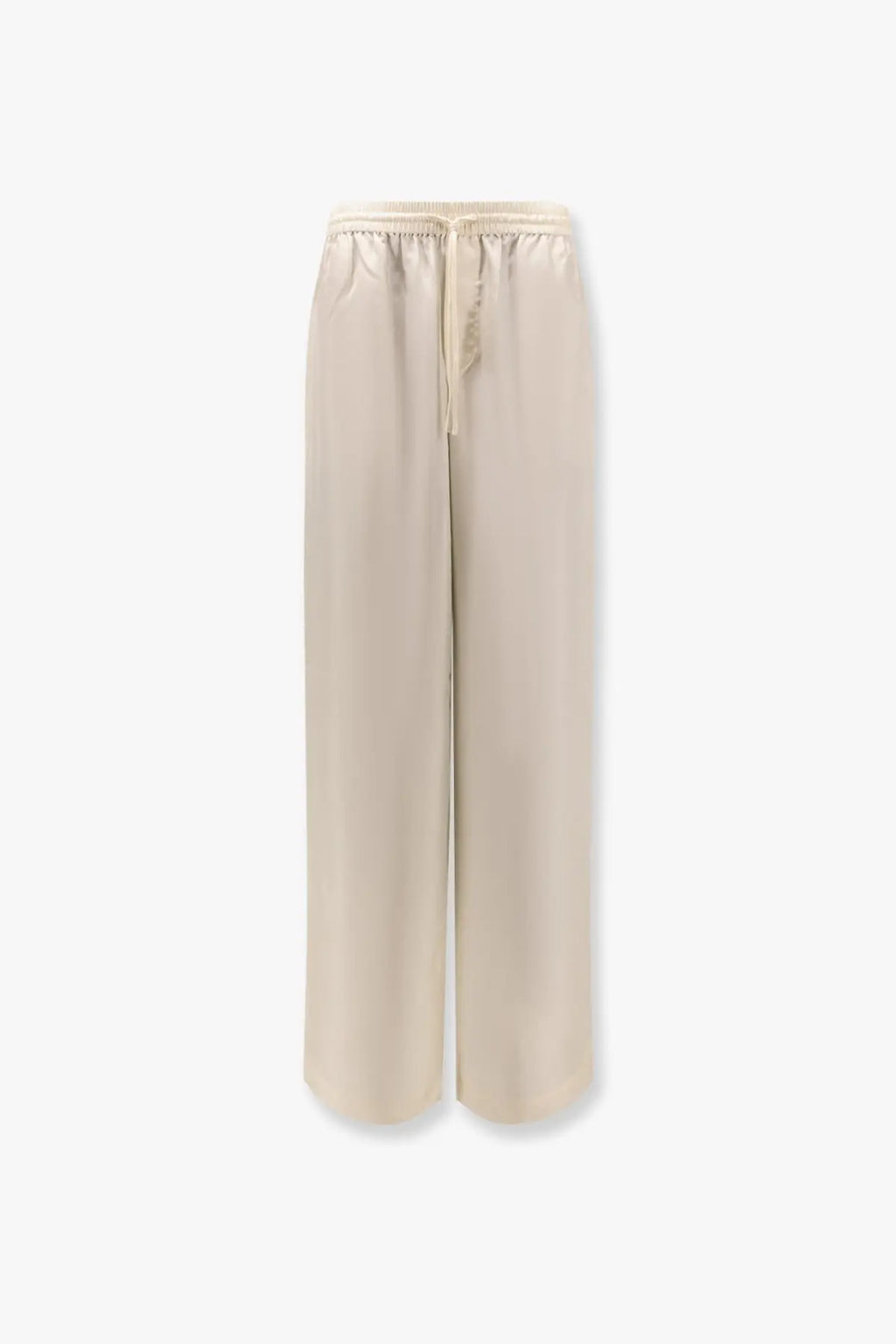 Beige wide-leg Rohe women’s jogger silk trousers with satin finish and elastic waistband in white color