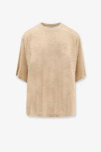 Beige oversized crewneck t-shirt with relaxed slightly textured fabric in rohe women’s linen shirt white product series