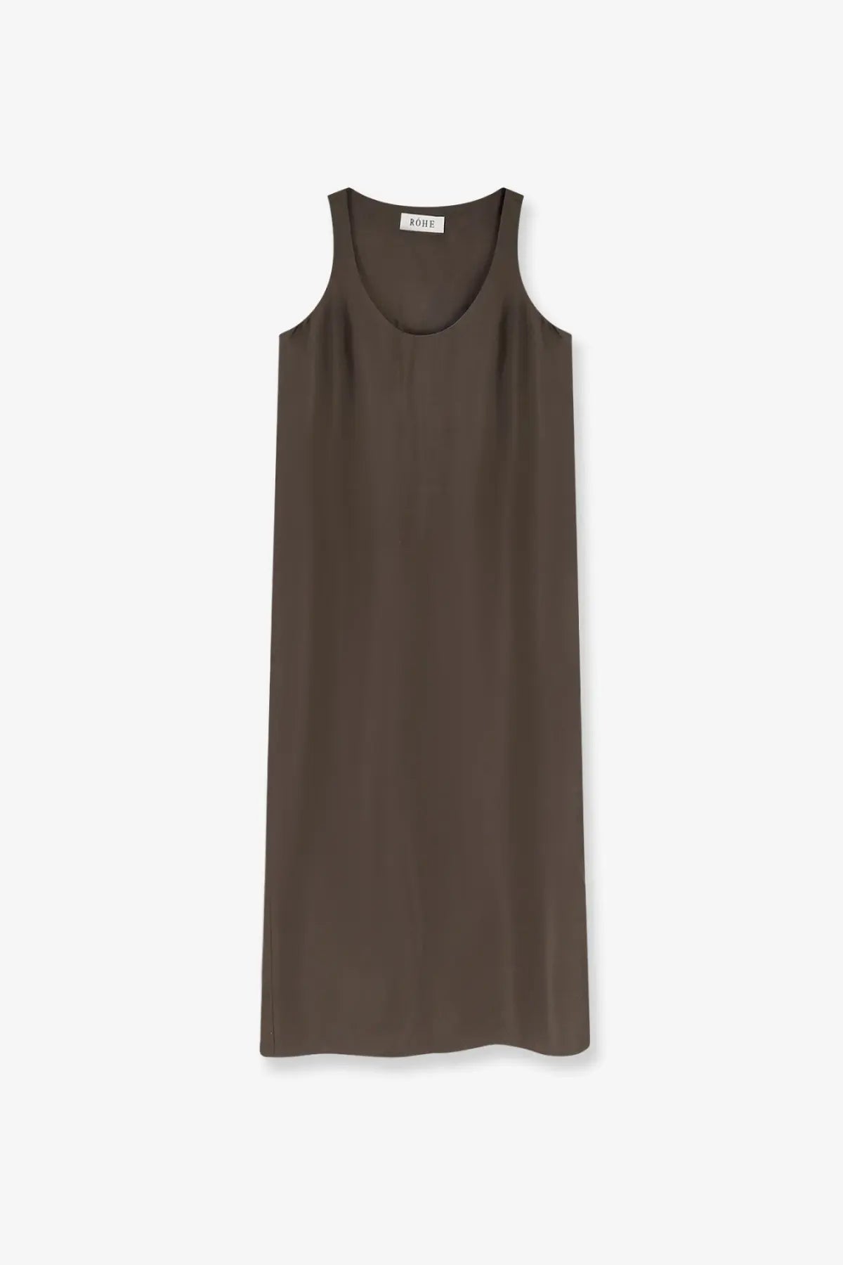 A sleek olive green sleeveless Rohe women’s long silk dress with flowing fabric and a simple round neckline