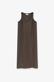 A sleek olive green sleeveless long silk dress with a soft flowing fabric and round neckline for women by Rohe earth