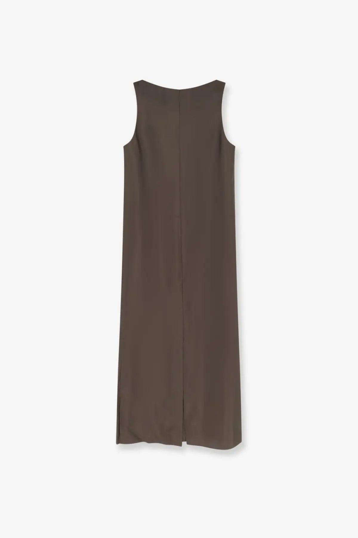 A sleek sleeveless dark brown silk midi dress with a straight cut and center front seam by rohe women earth