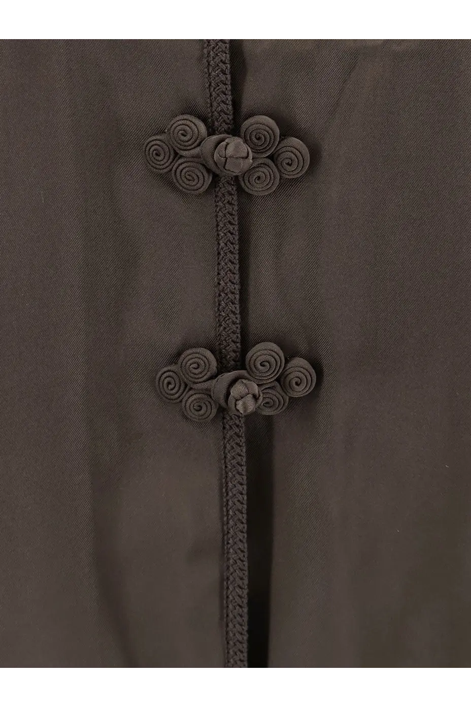 Dark gray silk jacket with mandarin closure and intricate matching embroidered swirling button patterns for women