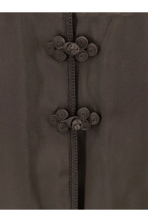 Dark gray silk jacket with mandarin closure and intricate matching embroidered swirling button patterns for women