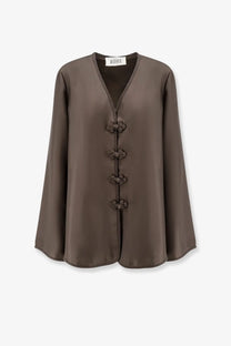 Rohe women’s taupe silk blouse with v-neckline and knotted button closures in mandarin style earth color